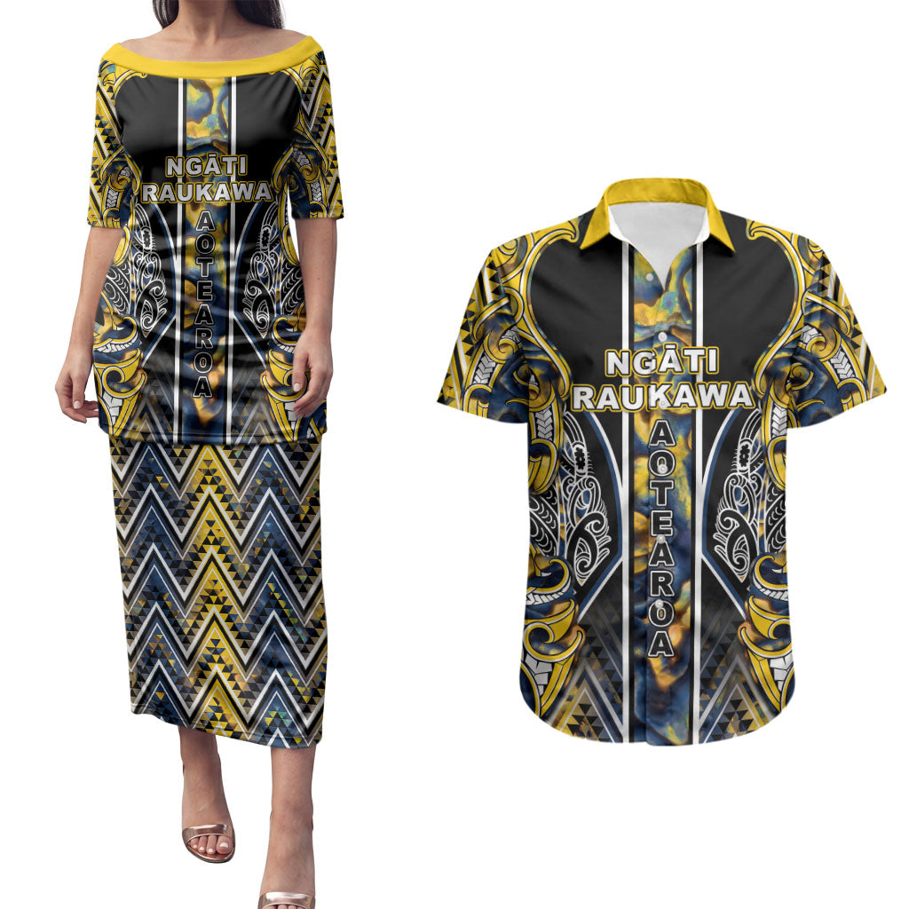 Aotearoa Ngati Raukawa Couples Matching Puletasi and Hawaiian Shirt Maori Tribal Yellow And Navy Paua Shell Pattern