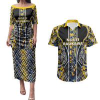 Aotearoa Ngati Raukawa Couples Matching Puletasi and Hawaiian Shirt Maori Tribal Yellow And Navy Paua Shell Pattern