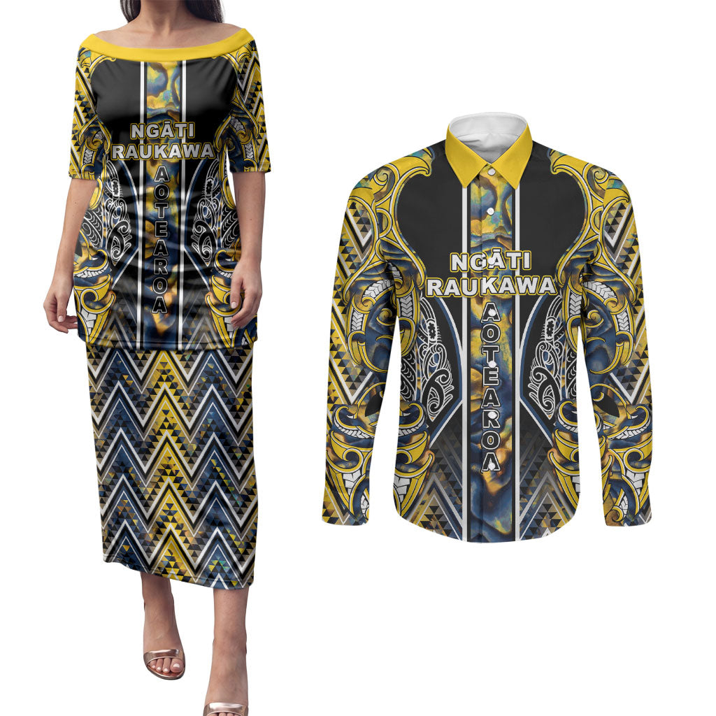 Aotearoa Ngati Raukawa Couples Matching Puletasi and Long Sleeve Button Shirt Maori Tribal Yellow And Navy Paua Shell Pattern