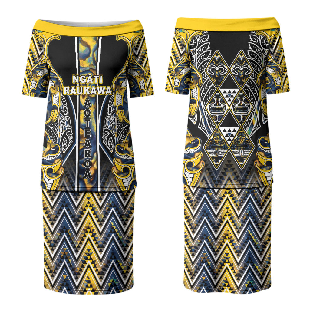 Aotearoa Ngati Raukawa Couples Matching Puletasi and Long Sleeve Button Shirt Maori Tribal Yellow And Navy Paua Shell Pattern