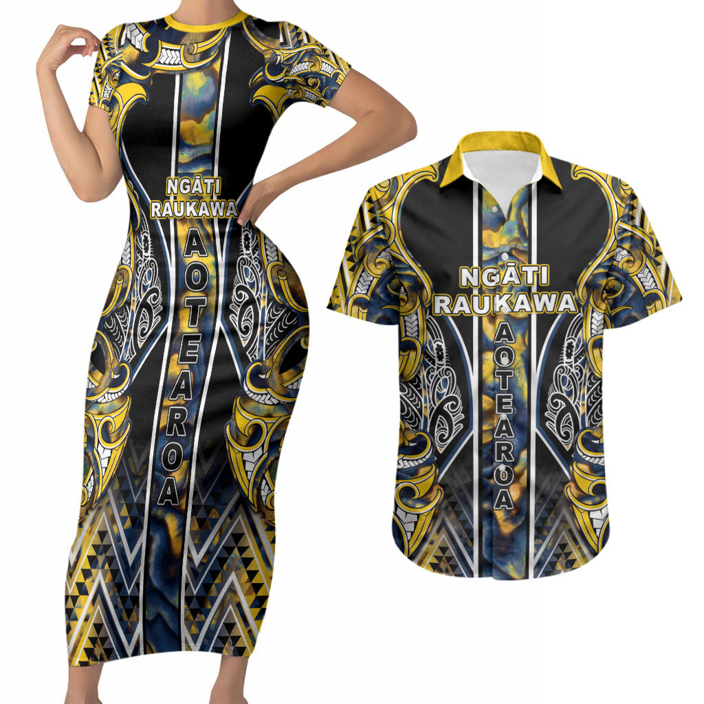 Aotearoa Ngati Raukawa Couples Matching Short Sleeve Bodycon Dress and Hawaiian Shirt Maori Tribal Yellow And Navy Paua Shell Pattern