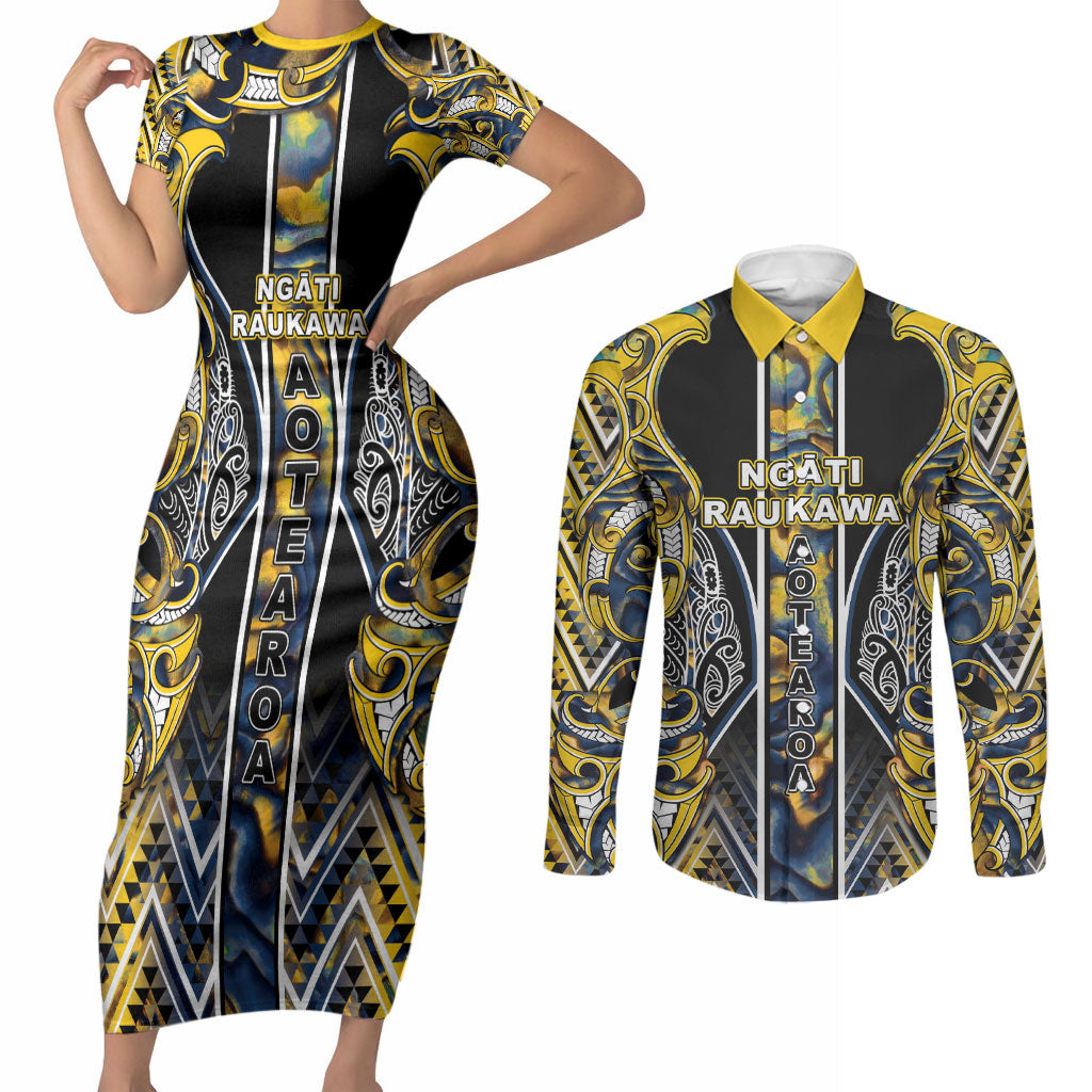 Aotearoa Ngati Raukawa Couples Matching Short Sleeve Bodycon Dress and Long Sleeve Button Shirt Maori Tribal Yellow And Navy Paua Shell Pattern