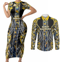 Aotearoa Ngati Raukawa Couples Matching Short Sleeve Bodycon Dress and Long Sleeve Button Shirt Maori Tribal Yellow And Navy Paua Shell Pattern