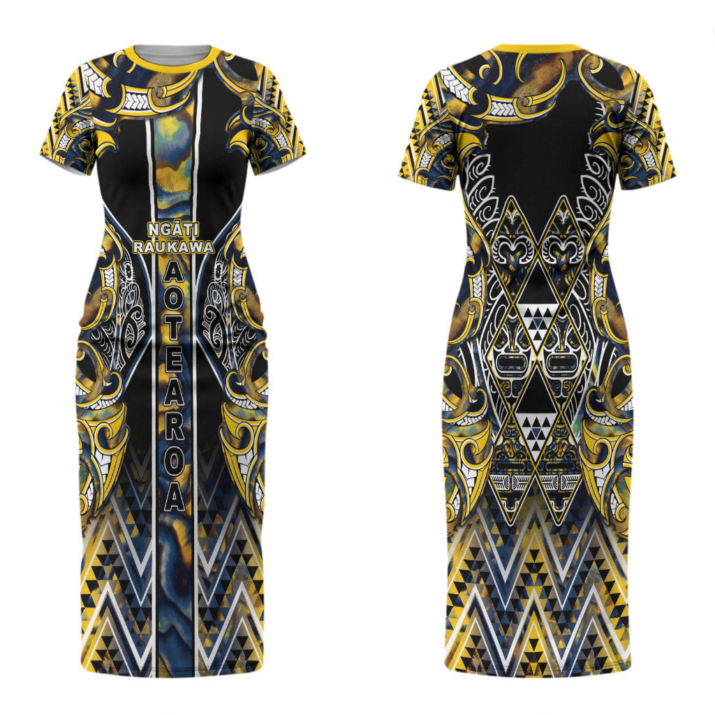 Aotearoa Ngati Raukawa Couples Matching Short Sleeve Bodycon Dress and Long Sleeve Button Shirt Maori Tribal Yellow And Navy Paua Shell Pattern