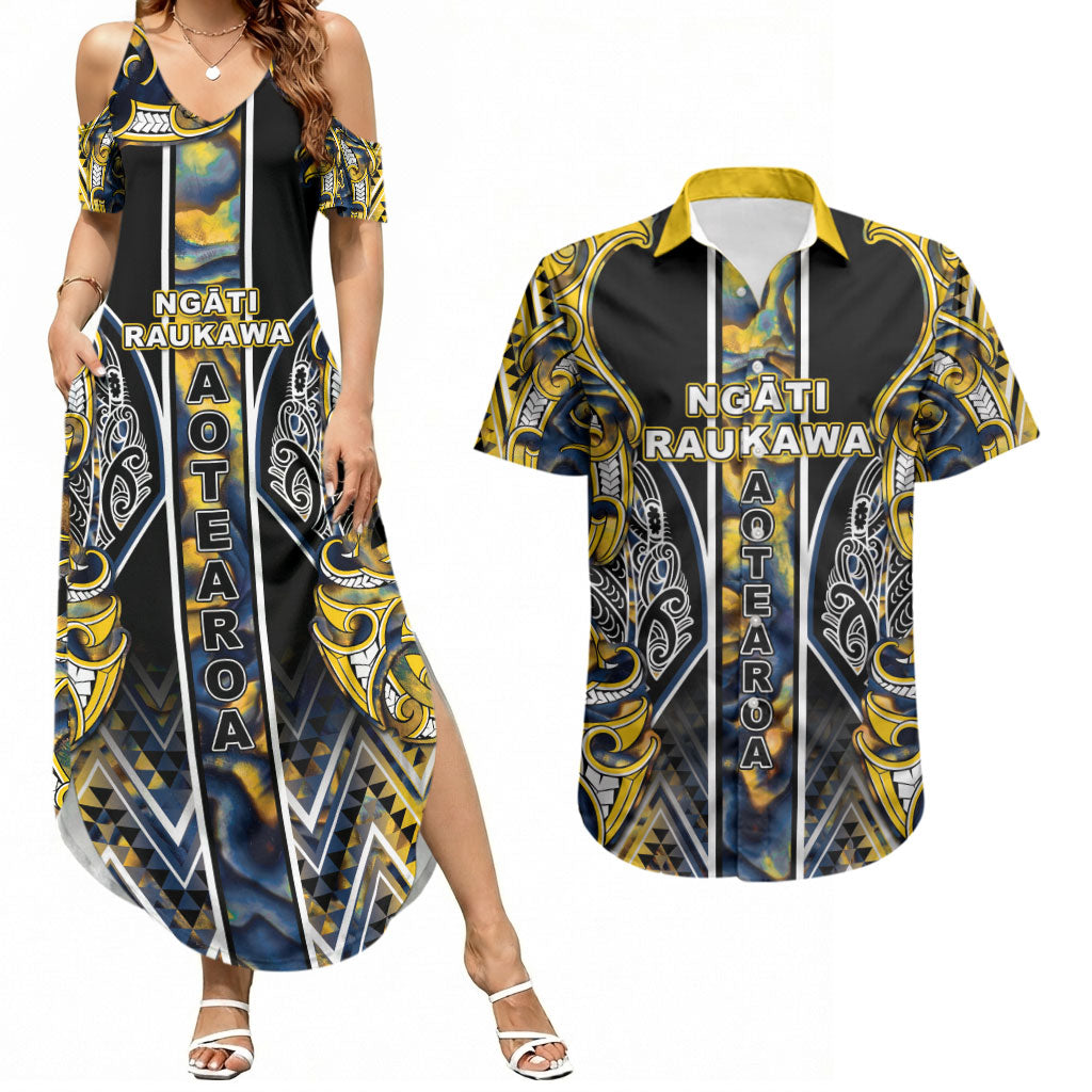 Aotearoa Ngati Raukawa Couples Matching Summer Maxi Dress and Hawaiian Shirt Maori Tribal Yellow And Navy Paua Shell Pattern