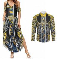 Aotearoa Ngati Raukawa Couples Matching Summer Maxi Dress and Long Sleeve Button Shirt Maori Tribal Yellow And Navy Paua Shell Pattern