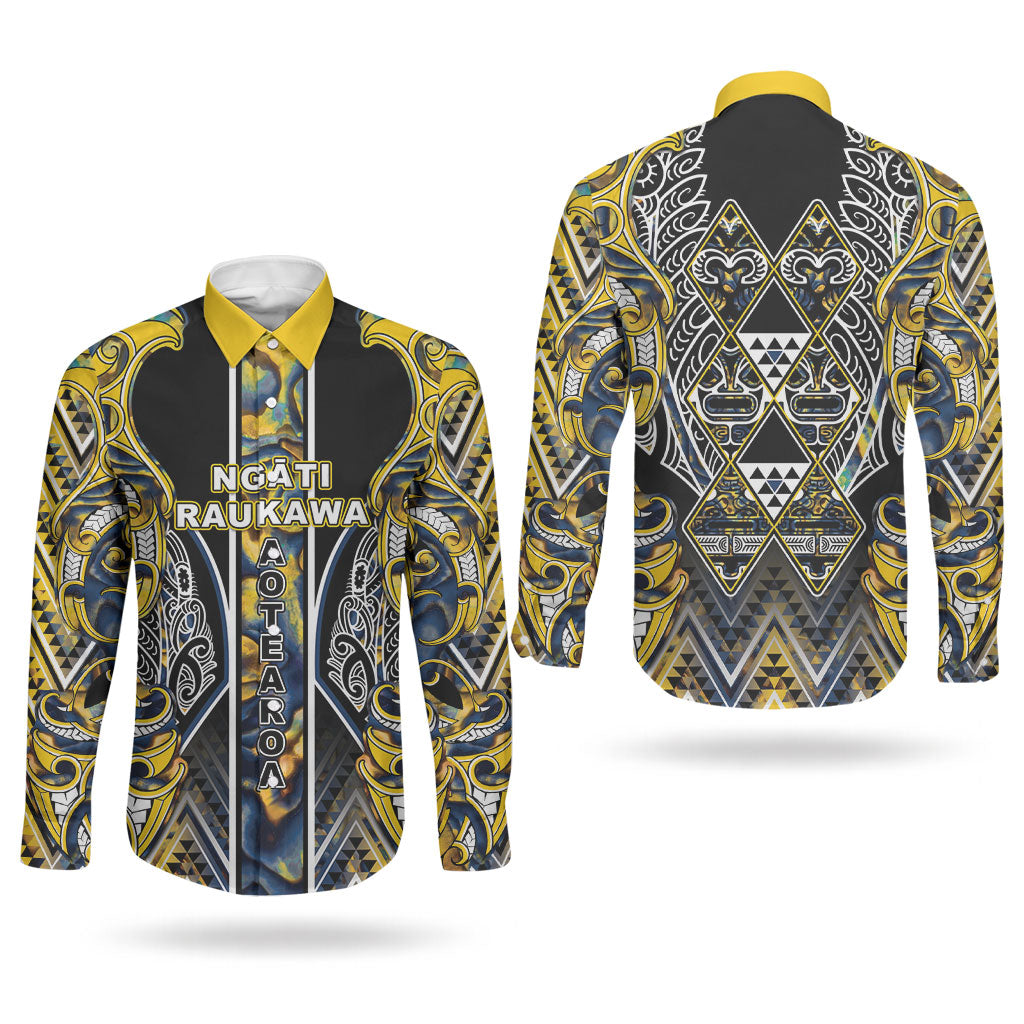 Aotearoa Ngati Raukawa Couples Matching Summer Maxi Dress and Long Sleeve Button Shirt Maori Tribal Yellow And Navy Paua Shell Pattern