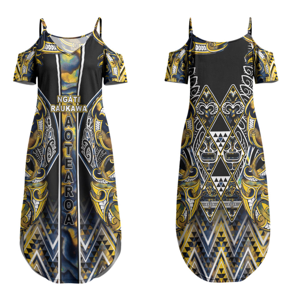 Aotearoa Ngati Raukawa Couples Matching Summer Maxi Dress and Long Sleeve Button Shirt Maori Tribal Yellow And Navy Paua Shell Pattern