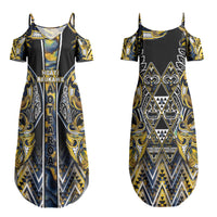 Aotearoa Ngati Raukawa Couples Matching Summer Maxi Dress and Long Sleeve Button Shirt Maori Tribal Yellow And Navy Paua Shell Pattern