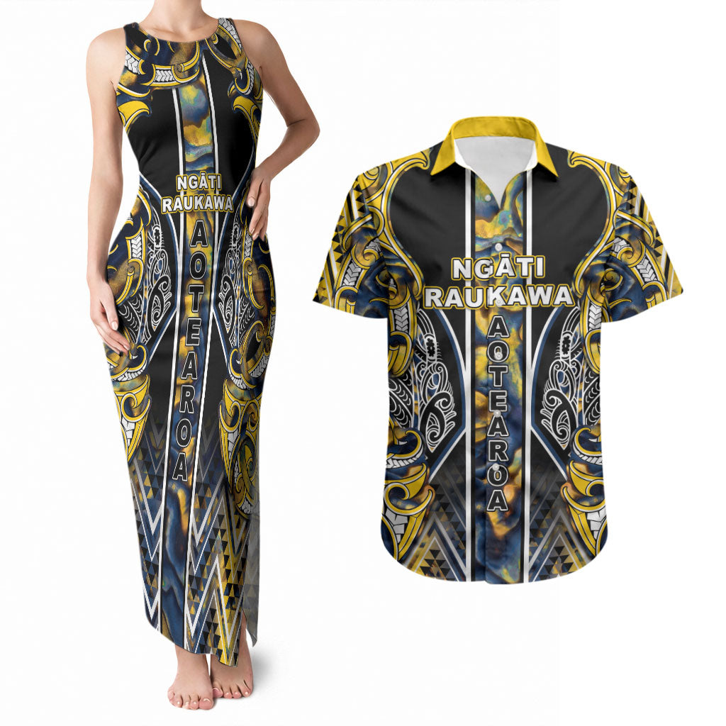 Aotearoa Ngati Raukawa Couples Matching Tank Maxi Dress and Hawaiian Shirt Maori Tribal Yellow And Navy Paua Shell Pattern