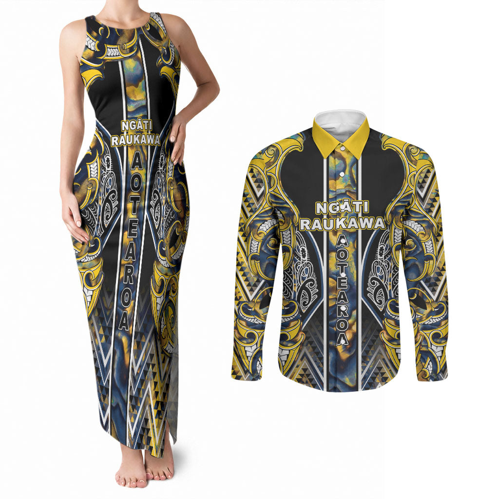 Aotearoa Ngati Raukawa Couples Matching Tank Maxi Dress and Long Sleeve Button Shirt Maori Tribal Yellow And Navy Paua Shell Pattern DT05 Yellow - Polynesian Pride