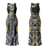 Aotearoa Ngati Raukawa Couples Matching Tank Maxi Dress and Long Sleeve Button Shirt Maori Tribal Yellow And Navy Paua Shell Pattern