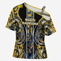 Aotearoa Ngati Raukawa Cross Shoulder Shirt Maori Tribal Yellow And Navy Paua Shell Pattern