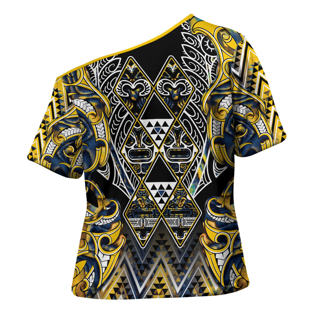 Aotearoa Ngati Raukawa Cross Shoulder Shirt Maori Tribal Yellow And Navy Paua Shell Pattern