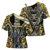 Aotearoa Ngati Raukawa Cross Shoulder Shirt Maori Tribal Yellow And Navy Paua Shell Pattern