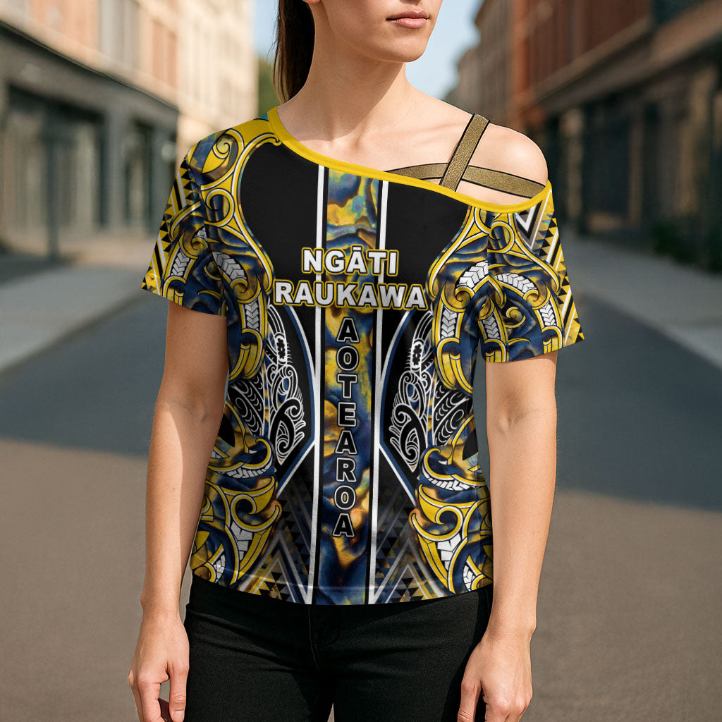 Aotearoa Ngati Raukawa Cross Shoulder Shirt Maori Tribal Yellow And Navy Paua Shell Pattern