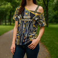 Aotearoa Ngati Raukawa Cross Shoulder Shirt Maori Tribal Yellow And Navy Paua Shell Pattern