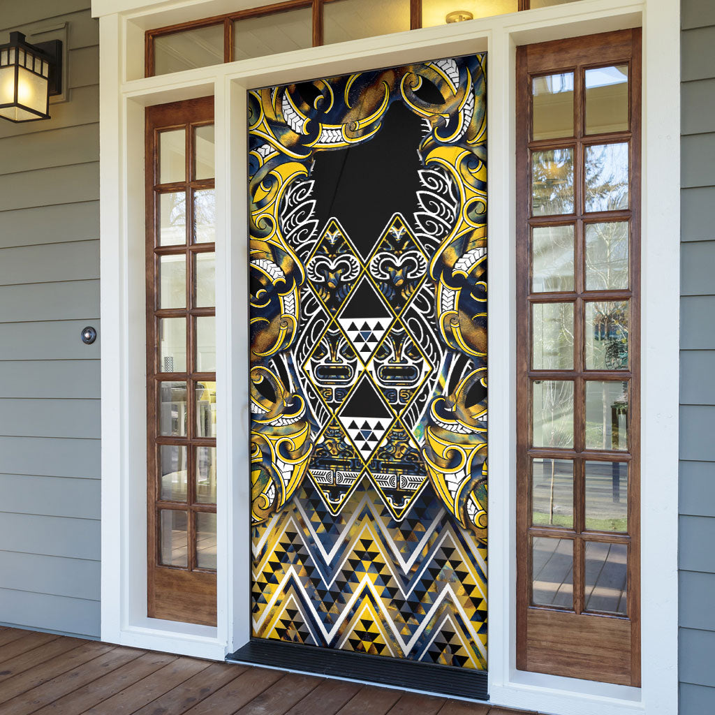 Aotearoa Ngati Raukawa Door Cover Maori Tribal Yellow And Navy Paua Shell Pattern