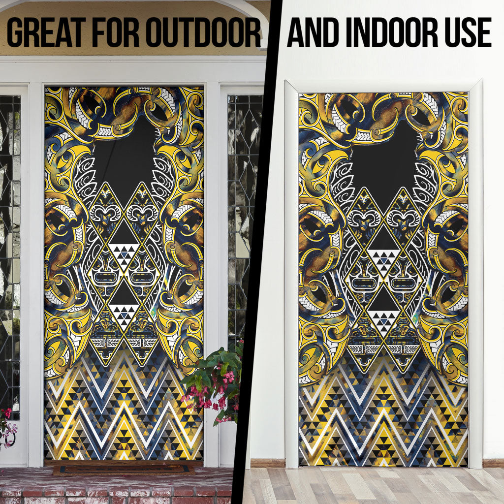 Aotearoa Ngati Raukawa Door Cover Maori Tribal Yellow And Navy Paua Shell Pattern