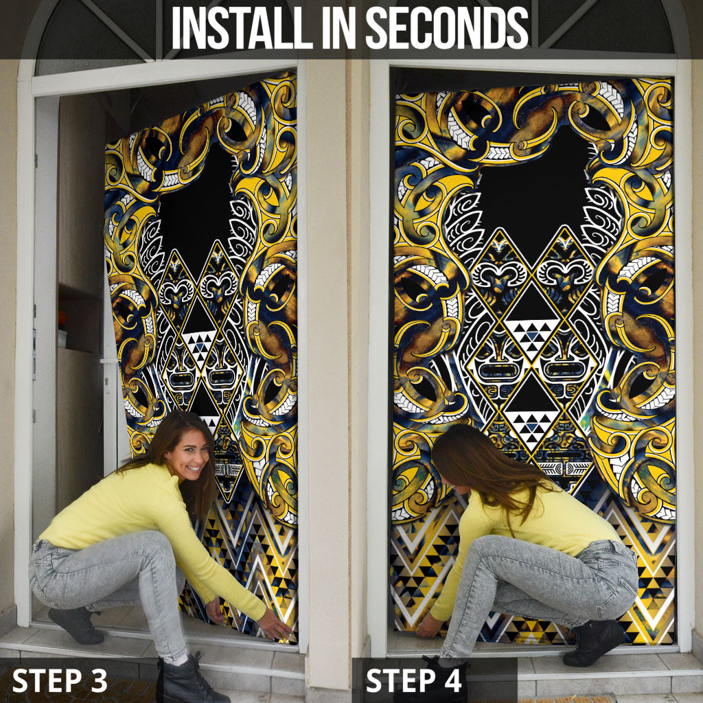 Aotearoa Ngati Raukawa Door Cover Maori Tribal Yellow And Navy Paua Shell Pattern