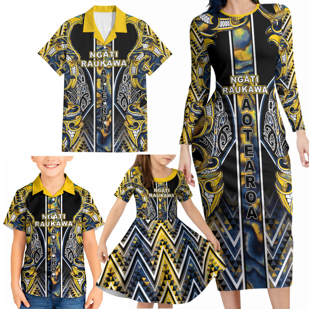 Aotearoa Ngati Raukawa Family Matching Long Sleeve Bodycon Dress and Hawaiian Shirt Maori Tribal Yellow And Navy Paua Shell Pattern DT05 - Polynesian Pride