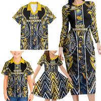 Aotearoa Ngati Raukawa Family Matching Long Sleeve Bodycon Dress and Hawaiian Shirt Maori Tribal Yellow And Navy Paua Shell Pattern