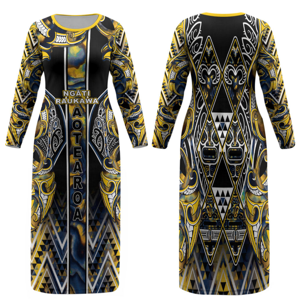Aotearoa Ngati Raukawa Family Matching Long Sleeve Bodycon Dress and Hawaiian Shirt Maori Tribal Yellow And Navy Paua Shell Pattern