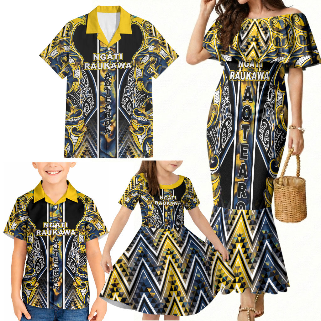 Aotearoa Ngati Raukawa Family Matching Mermaid Dress and Hawaiian Shirt Maori Tribal Yellow And Navy Paua Shell Pattern