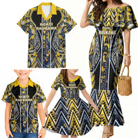 Aotearoa Ngati Raukawa Family Matching Mermaid Dress and Hawaiian Shirt Maori Tribal Yellow And Navy Paua Shell Pattern