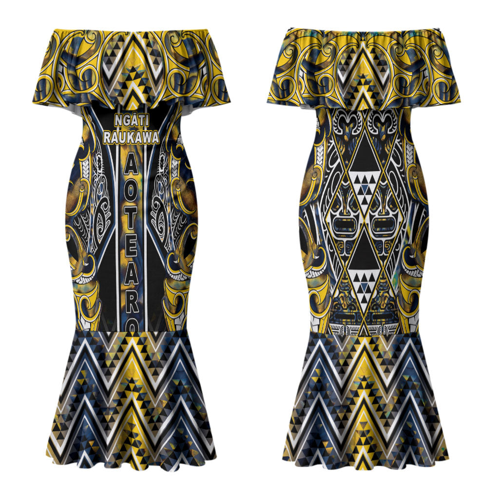 Aotearoa Ngati Raukawa Family Matching Mermaid Dress and Hawaiian Shirt Maori Tribal Yellow And Navy Paua Shell Pattern