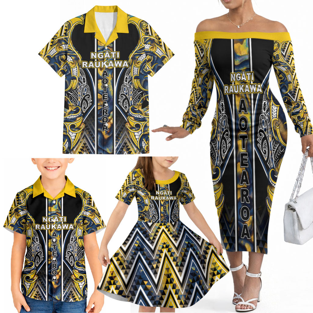 Aotearoa Ngati Raukawa Family Matching Off The Shoulder Long Sleeve Dress and Hawaiian Shirt Maori Tribal Yellow And Navy Paua Shell Pattern