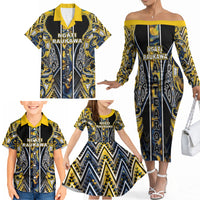 Aotearoa Ngati Raukawa Family Matching Off The Shoulder Long Sleeve Dress and Hawaiian Shirt Maori Tribal Yellow And Navy Paua Shell Pattern