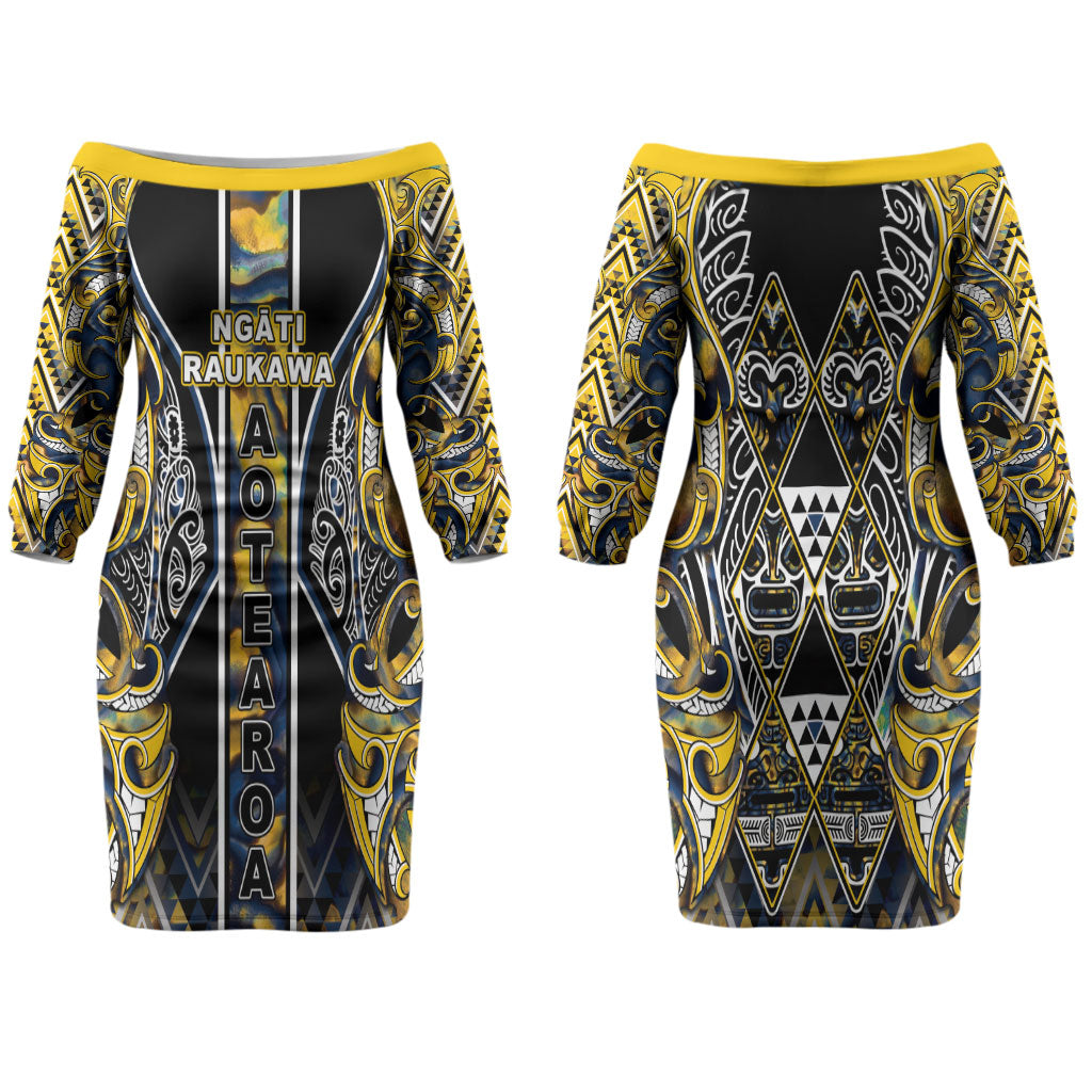 Aotearoa Ngati Raukawa Family Matching Off The Shoulder Long Sleeve Dress and Hawaiian Shirt Maori Tribal Yellow And Navy Paua Shell Pattern