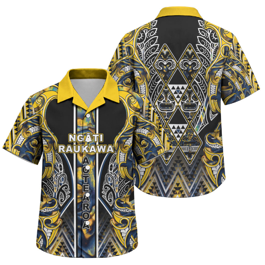 Aotearoa Ngati Raukawa Family Matching Off The Shoulder Long Sleeve Dress and Hawaiian Shirt Maori Tribal Yellow And Navy Paua Shell Pattern