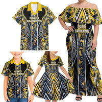 Aotearoa Ngati Raukawa Family Matching Off Shoulder Maxi Dress and Hawaiian Shirt Maori Tribal Yellow And Navy Paua Shell Pattern