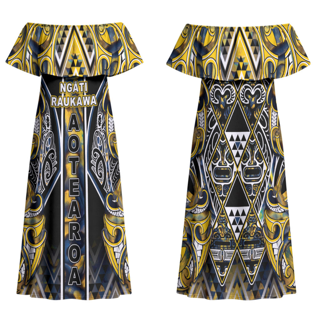 Aotearoa Ngati Raukawa Family Matching Off Shoulder Maxi Dress and Hawaiian Shirt Maori Tribal Yellow And Navy Paua Shell Pattern