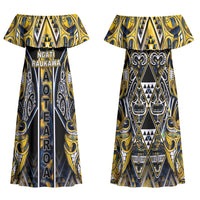 Aotearoa Ngati Raukawa Family Matching Off Shoulder Maxi Dress and Hawaiian Shirt Maori Tribal Yellow And Navy Paua Shell Pattern
