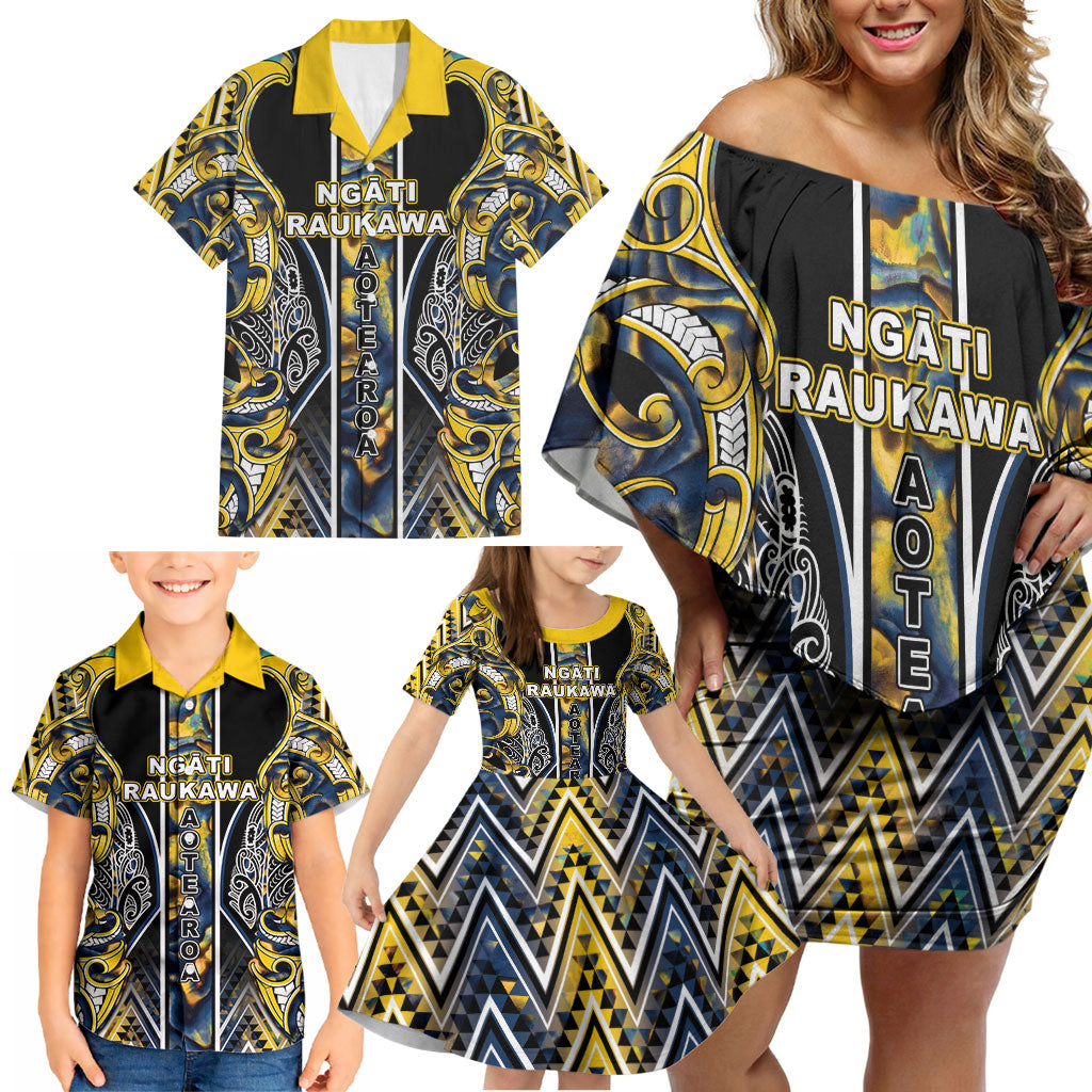 Aotearoa Ngati Raukawa Family Matching Off Shoulder Short Dress and Hawaiian Shirt Maori Tribal Yellow And Navy Paua Shell Pattern DT05 - Polynesian Pride