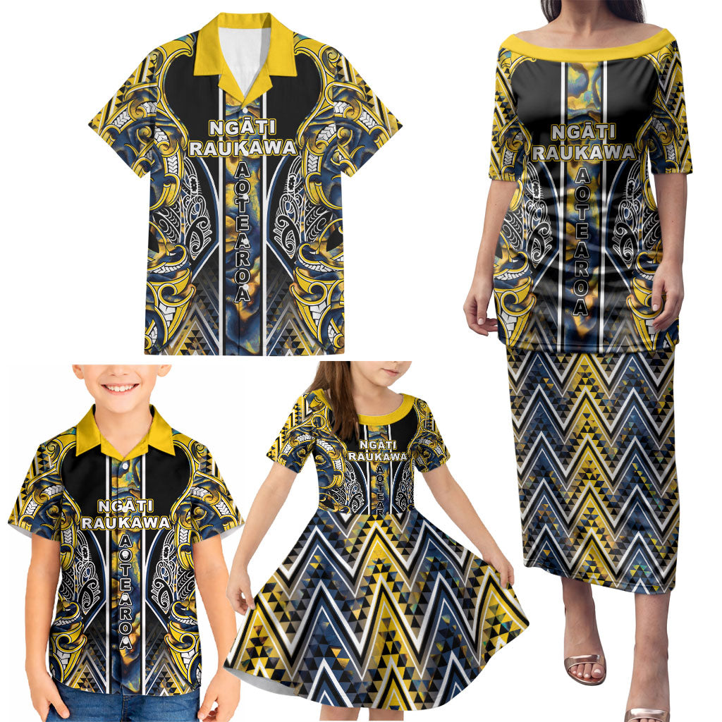 Aotearoa Ngati Raukawa Family Matching Puletasi and Hawaiian Shirt Maori Tribal Yellow And Navy Paua Shell Pattern
