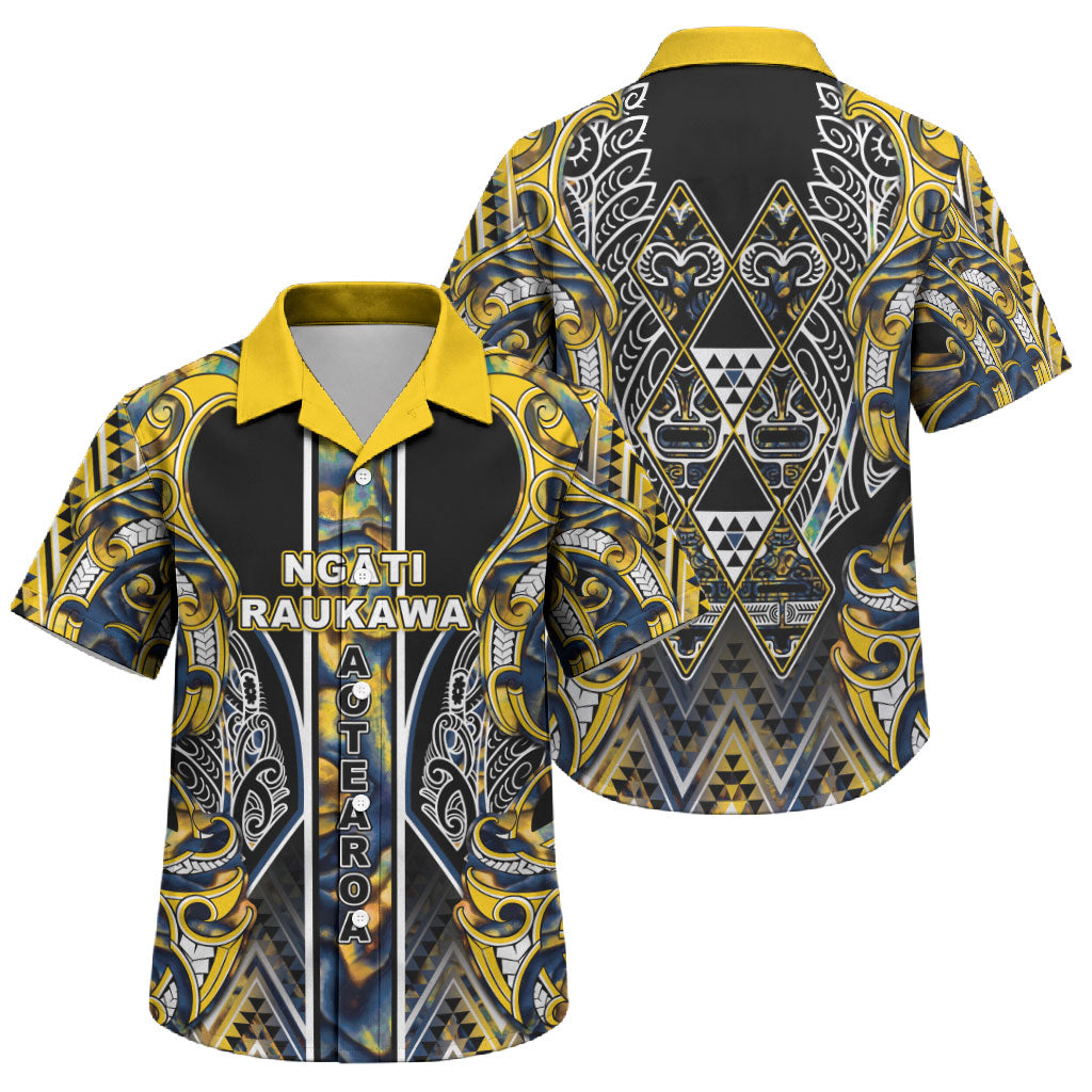 Aotearoa Ngati Raukawa Family Matching Puletasi and Hawaiian Shirt Maori Tribal Yellow And Navy Paua Shell Pattern