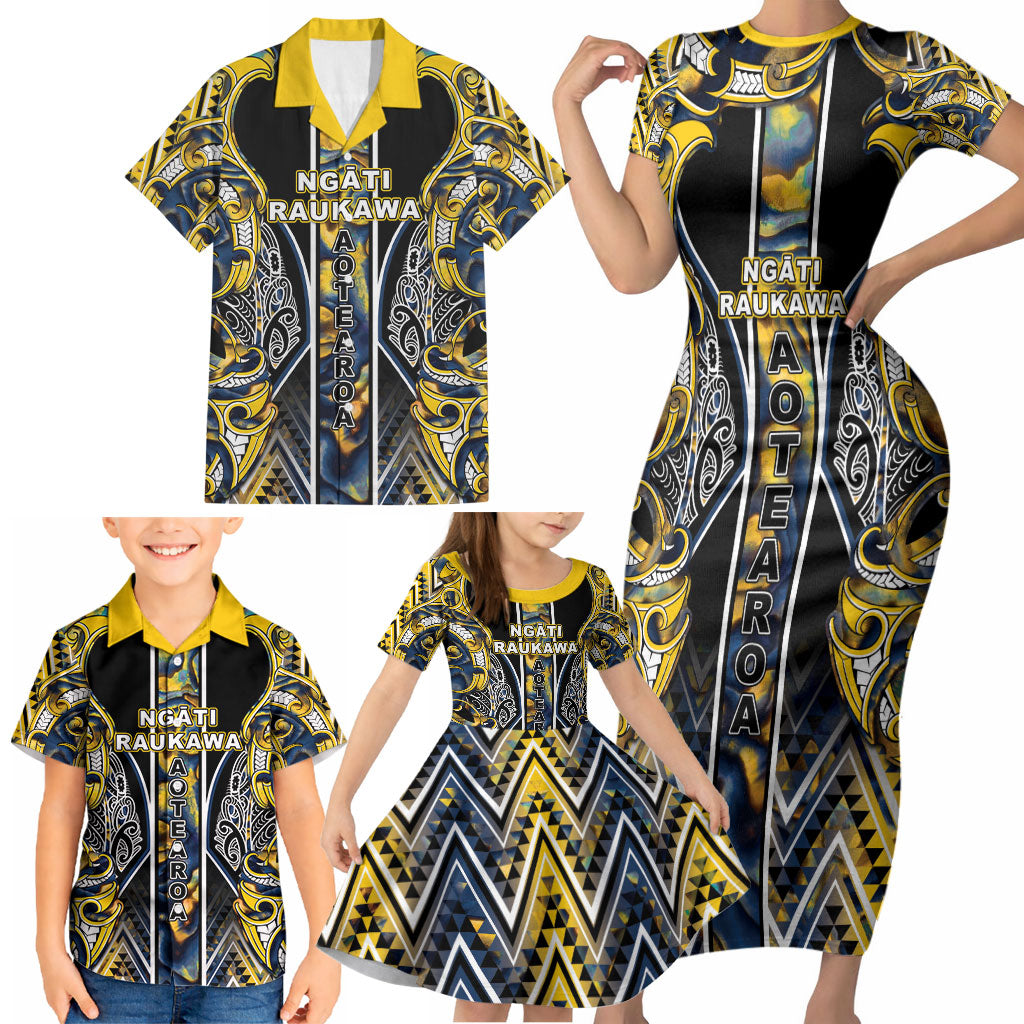 Aotearoa Ngati Raukawa Family Matching Short Sleeve Bodycon Dress and Hawaiian Shirt Maori Tribal Yellow And Navy Paua Shell Pattern