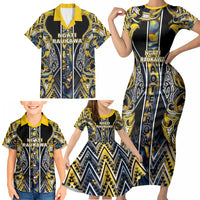 Aotearoa Ngati Raukawa Family Matching Short Sleeve Bodycon Dress and Hawaiian Shirt Maori Tribal Yellow And Navy Paua Shell Pattern