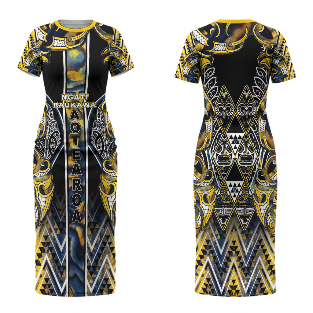 Aotearoa Ngati Raukawa Family Matching Short Sleeve Bodycon Dress and Hawaiian Shirt Maori Tribal Yellow And Navy Paua Shell Pattern