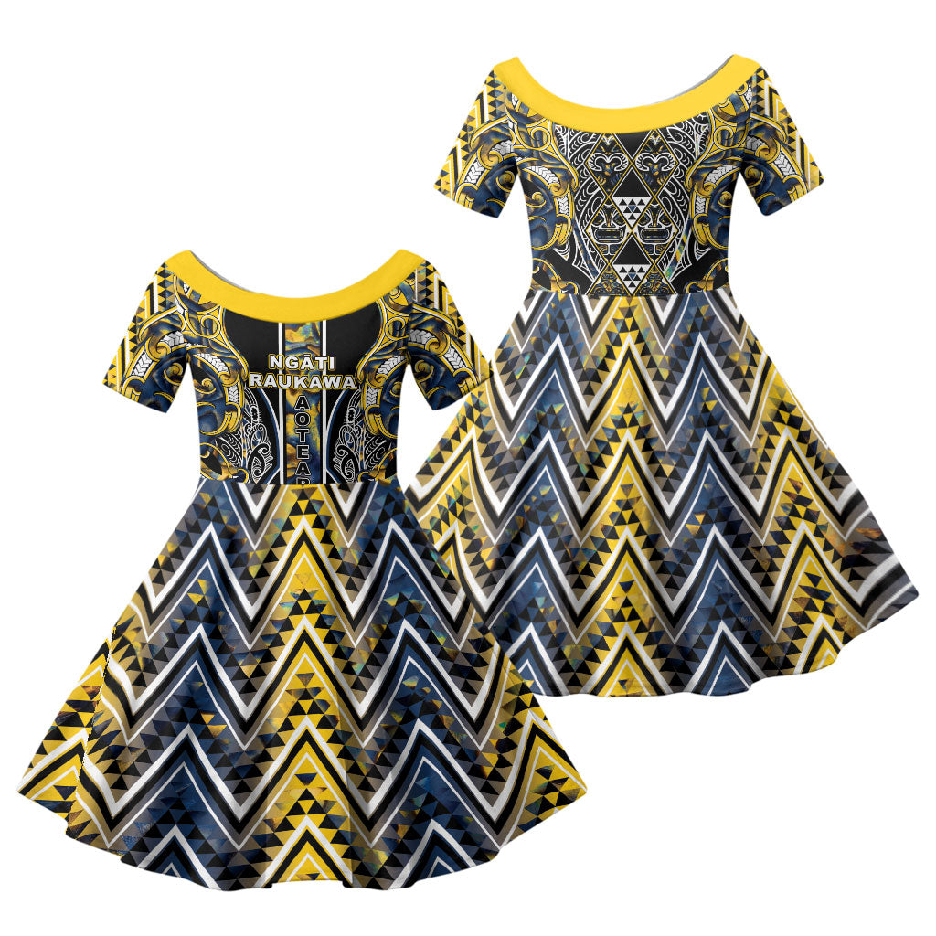 Aotearoa Ngati Raukawa Family Matching Short Sleeve Bodycon Dress and Hawaiian Shirt Maori Tribal Yellow And Navy Paua Shell Pattern