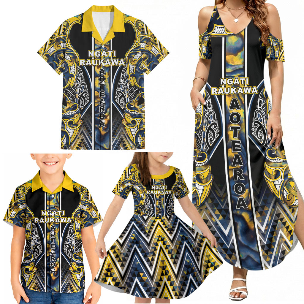 Aotearoa Ngati Raukawa Family Matching Summer Maxi Dress and Hawaiian Shirt Maori Tribal Yellow And Navy Paua Shell Pattern