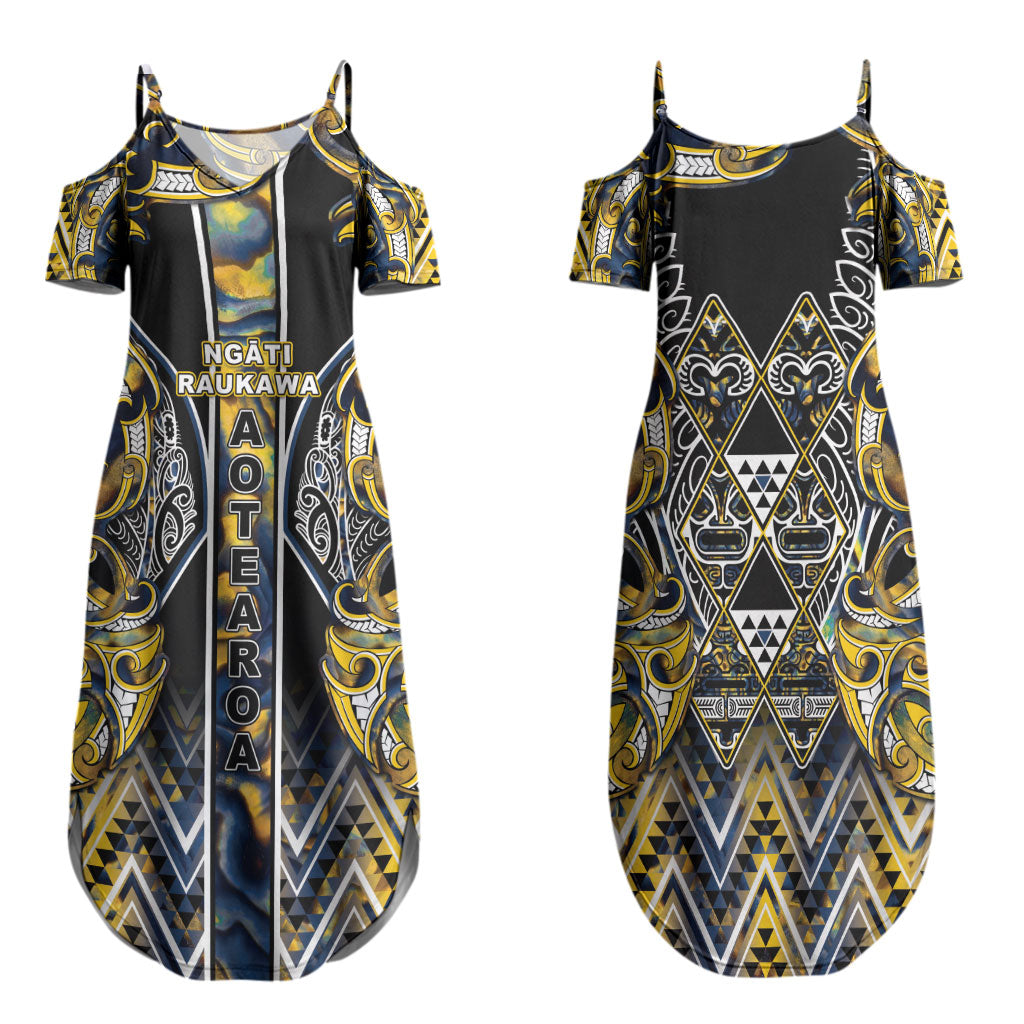 Aotearoa Ngati Raukawa Family Matching Summer Maxi Dress and Hawaiian Shirt Maori Tribal Yellow And Navy Paua Shell Pattern
