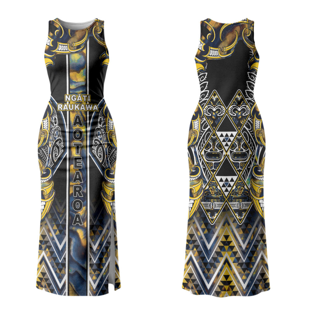 Aotearoa Ngati Raukawa Family Matching Tank Maxi Dress and Hawaiian Shirt Maori Tribal Yellow And Navy Paua Shell Pattern