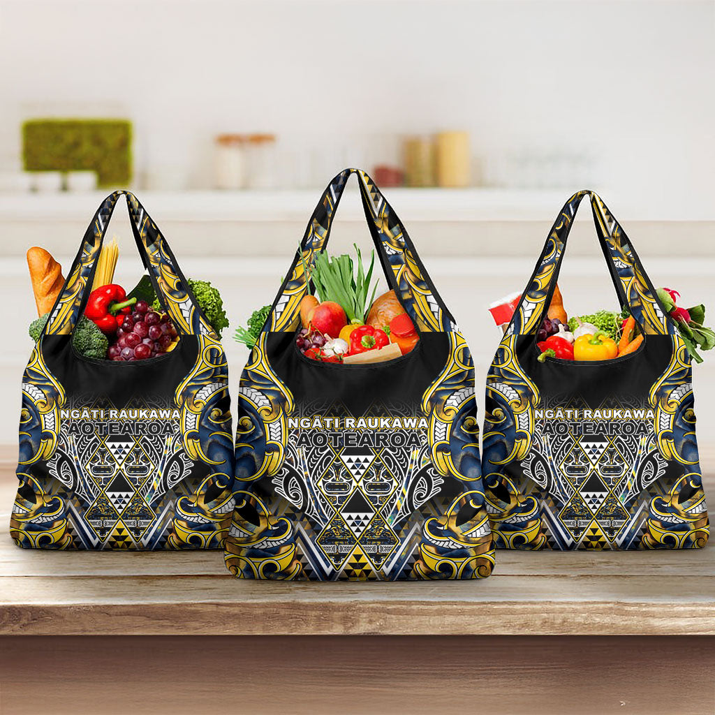 Aotearoa Ngati Raukawa Grocery Bag Maori Tribal Yellow And Navy Paua Shell Pattern