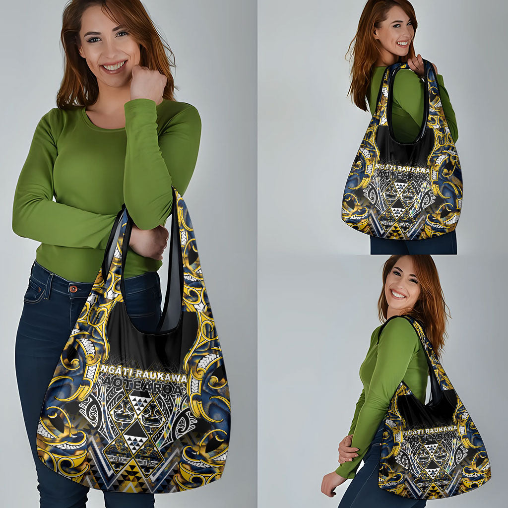 Aotearoa Ngati Raukawa Grocery Bag Maori Tribal Yellow And Navy Paua Shell Pattern