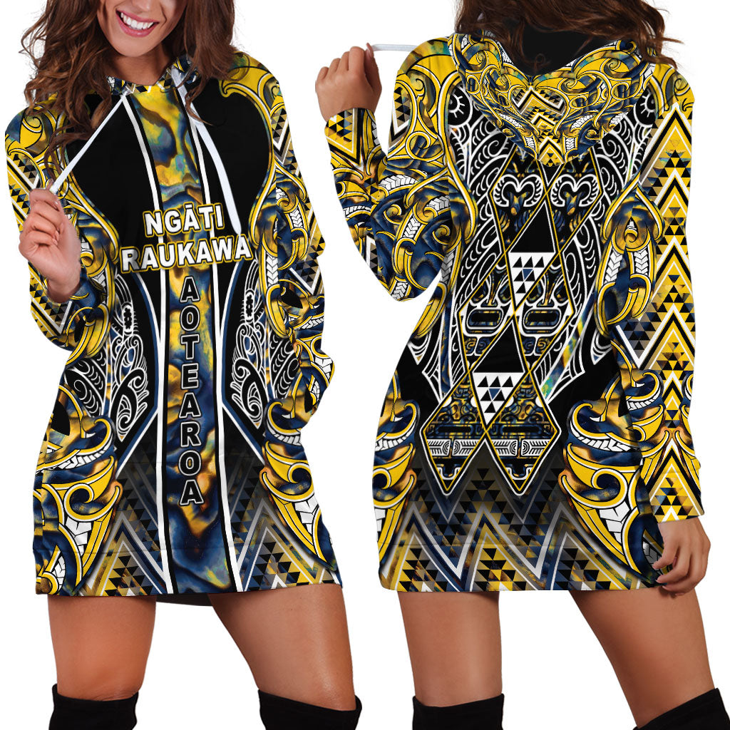 Aotearoa Ngati Raukawa Hoodie Dress Maori Tribal Yellow And Navy Paua Shell Pattern